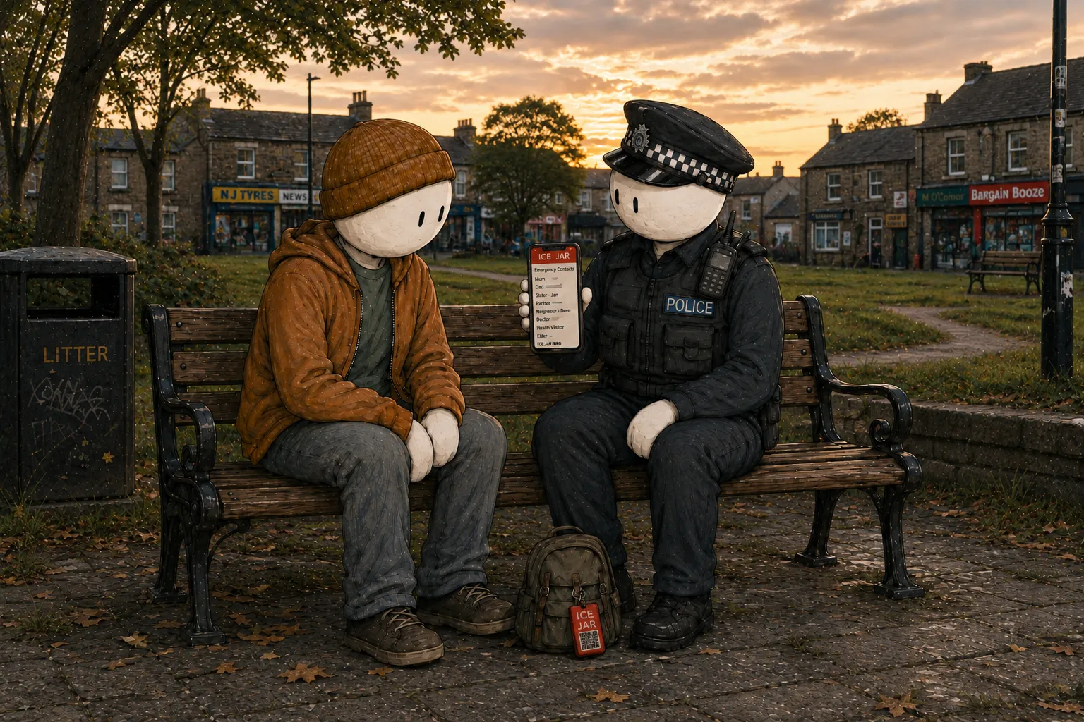 A police officer sitting beside someone on a park bench at sunset, holding out a phone showing an ICE Jar emergency contacts list, with a backpack bearing an ICE Jar QR tag on the ground between them